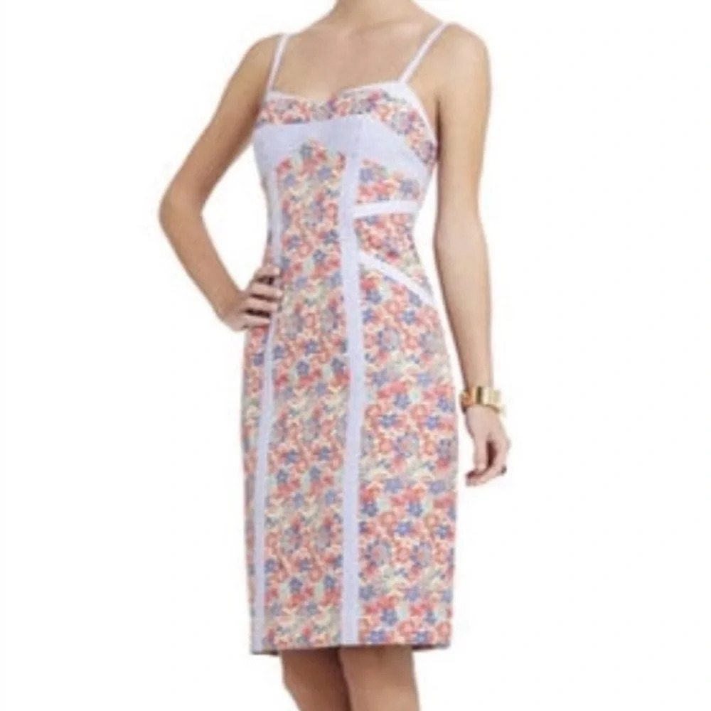 NWT BCBGMaxazria Ayla Floral Brocade Dress,Fitted, Textured,Blue/Red Brocade Sz4